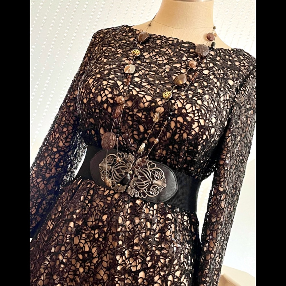 NWT 12 Aidan Mattox Crochet Long Sleeve Cocktail Sequined Dress